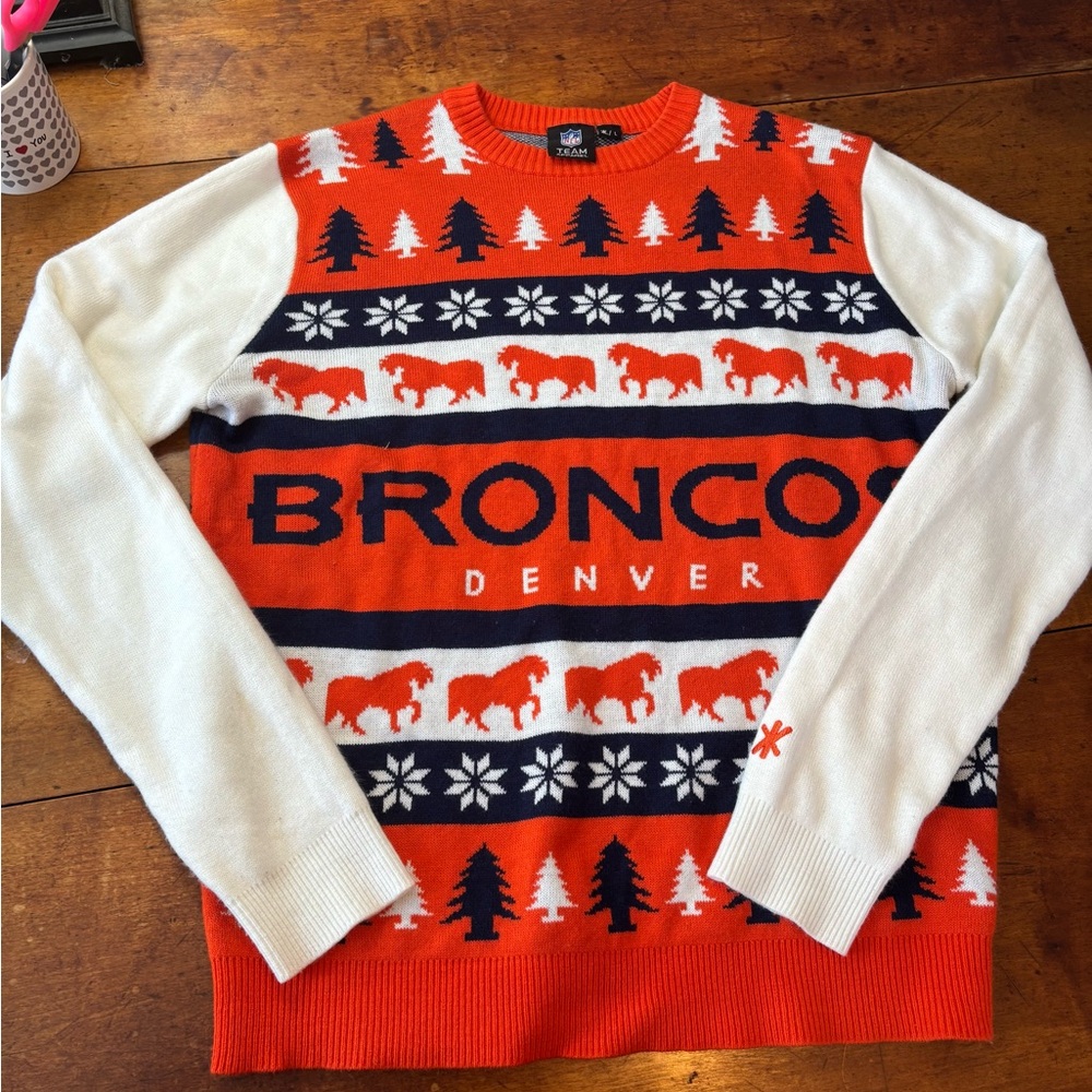NFL Broncos Festive Orange and White Crewneck Sweater